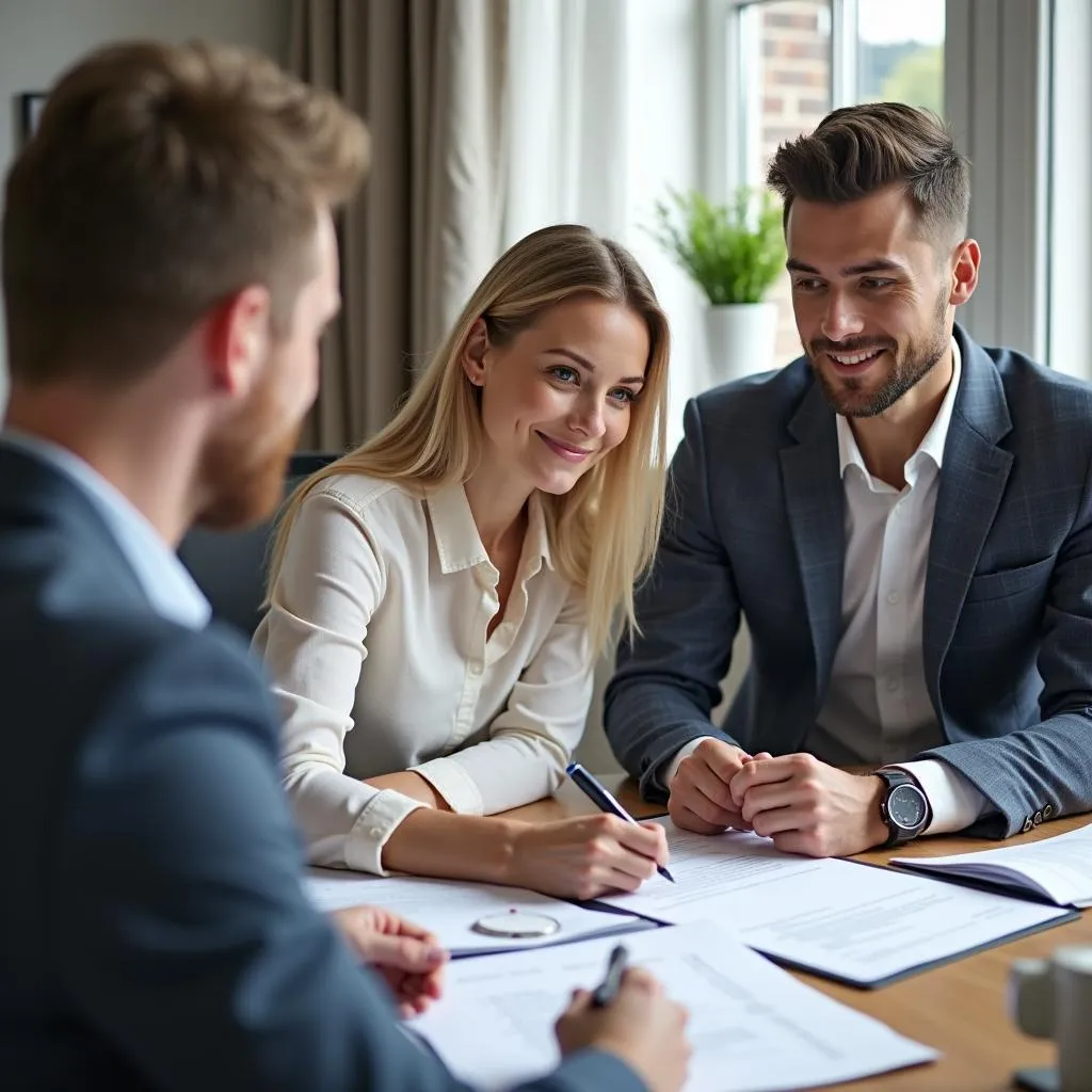 Couple reviewing loan documents with a financial advisor