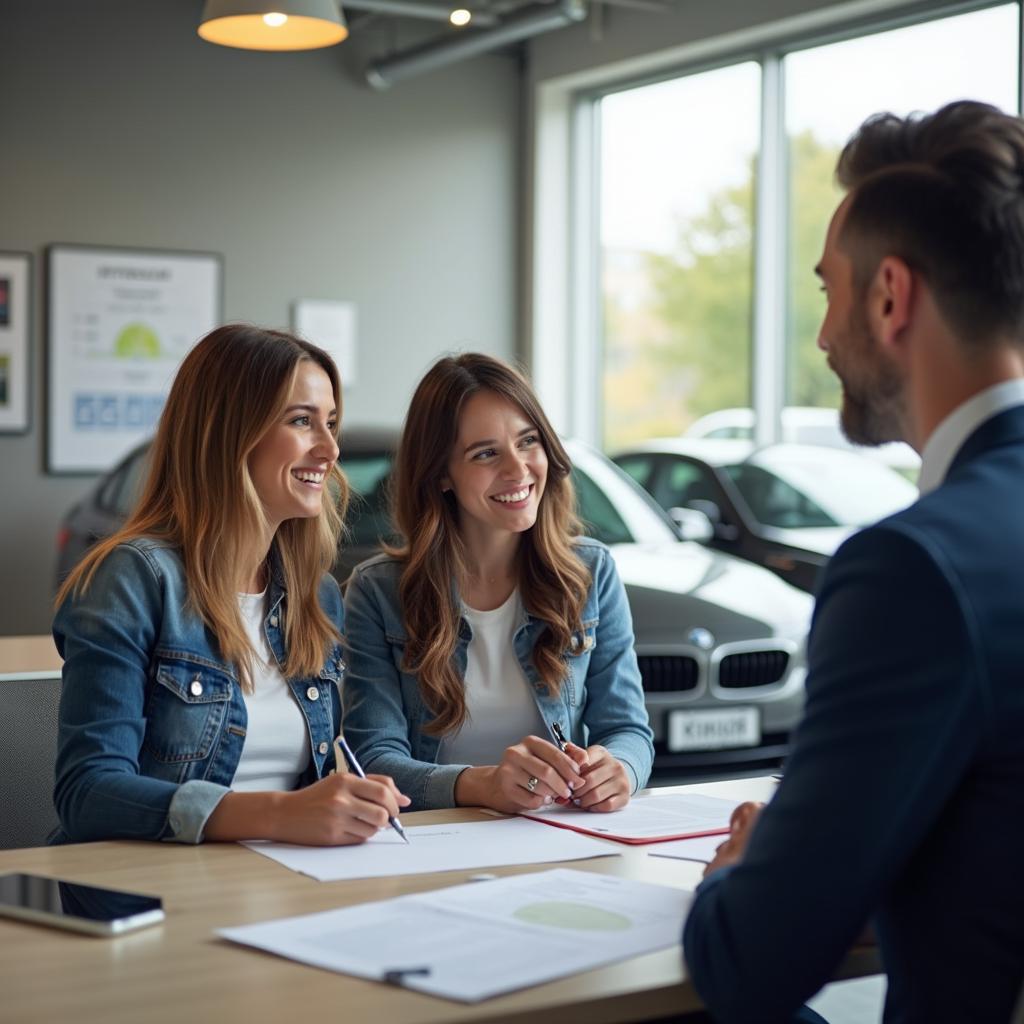 Couple signing auto loan documents at a car dealership