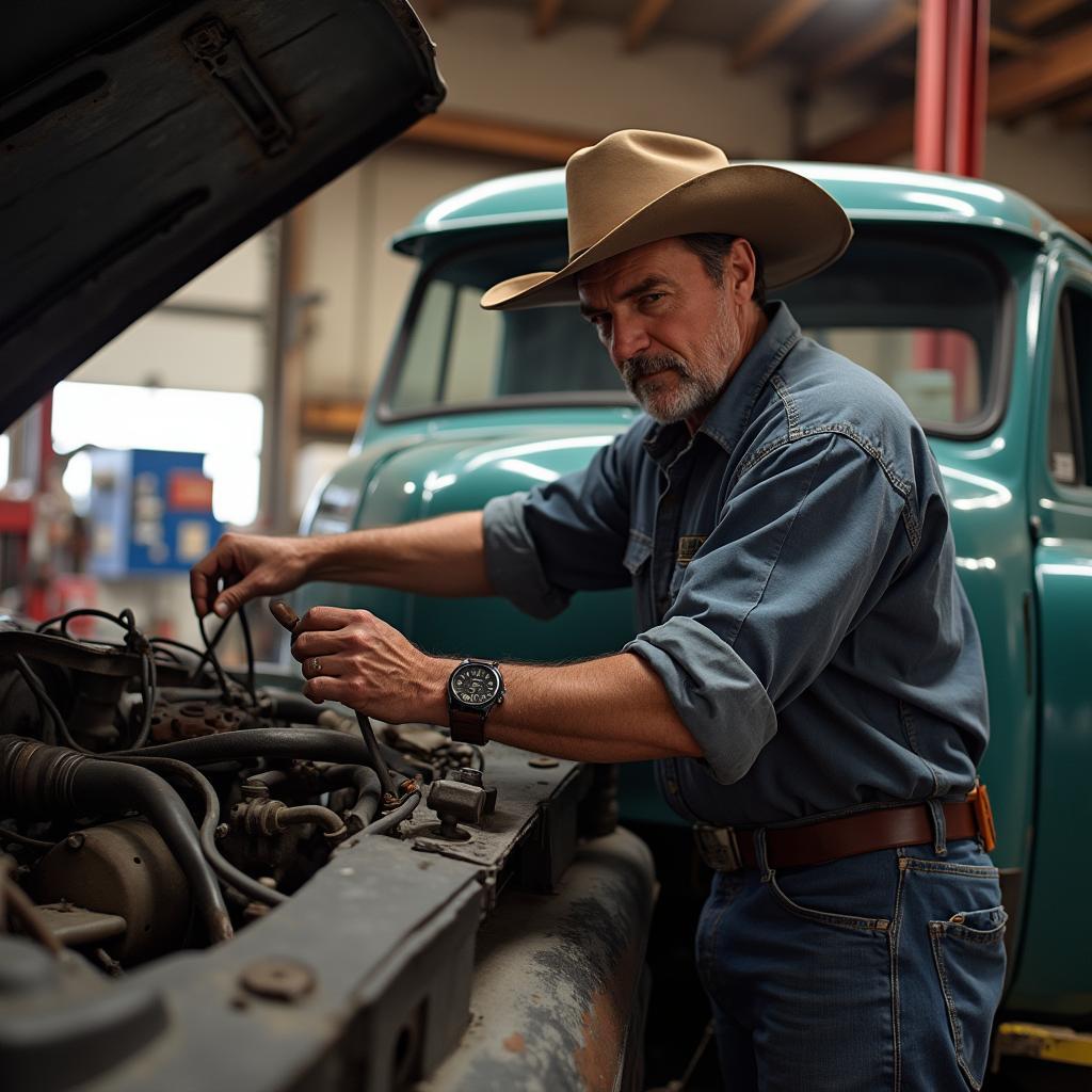 Cowboy Mechanic Working on a Car