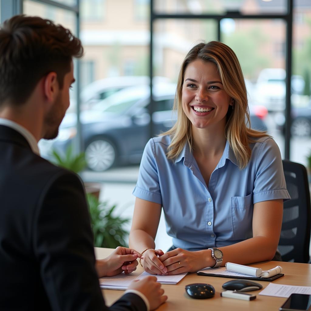 Friendly customer service representative assisting a customer