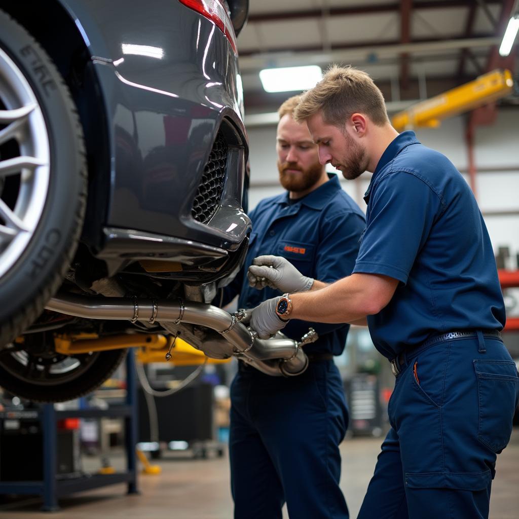 Mechanics installing a custom exhaust system on a car