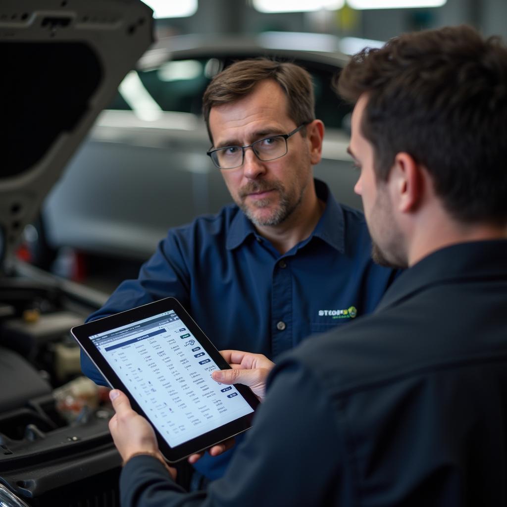 Customer and Mechanic Discussing Car Diagnostics