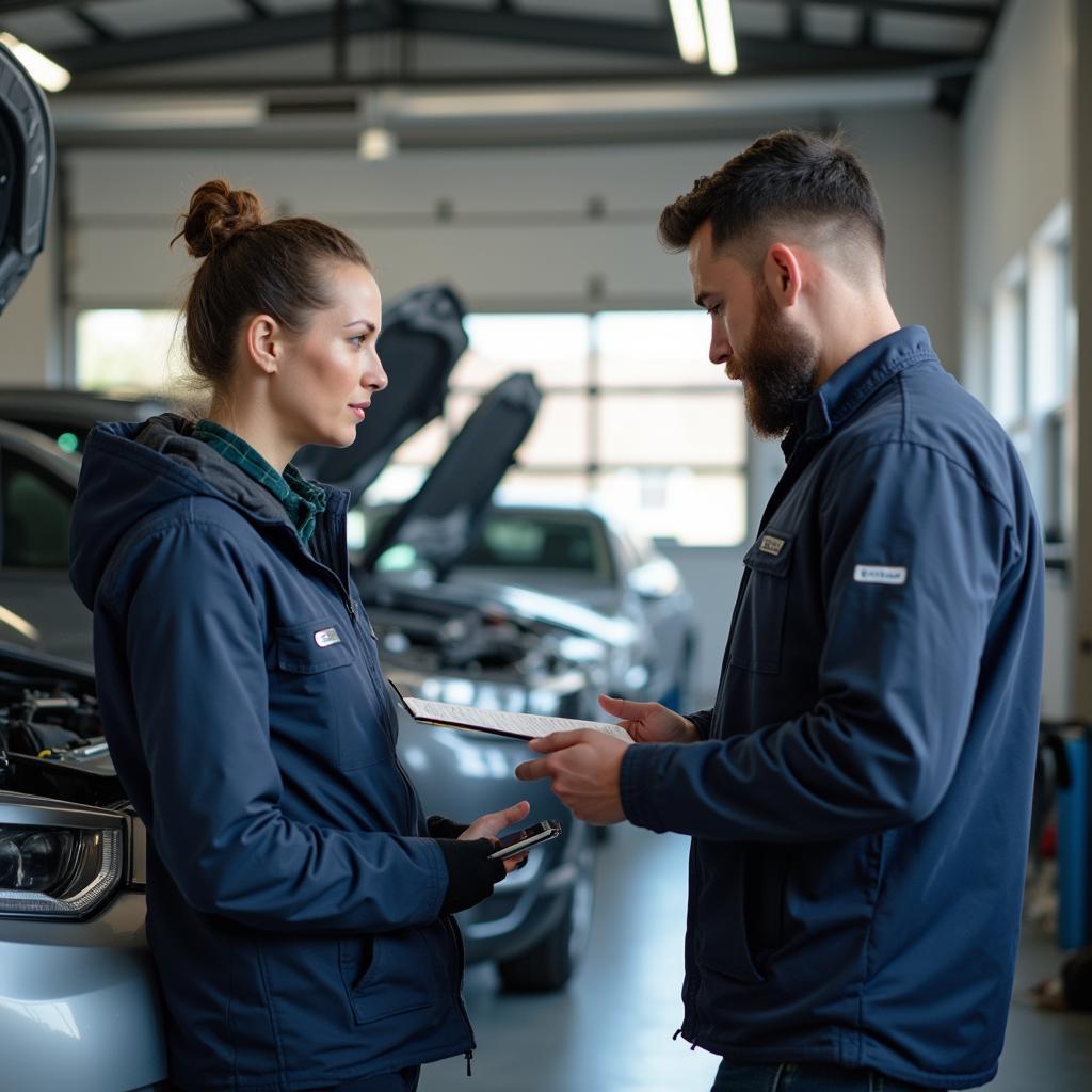 Customer reviewing car repair estimate with a mechanic in Monterey