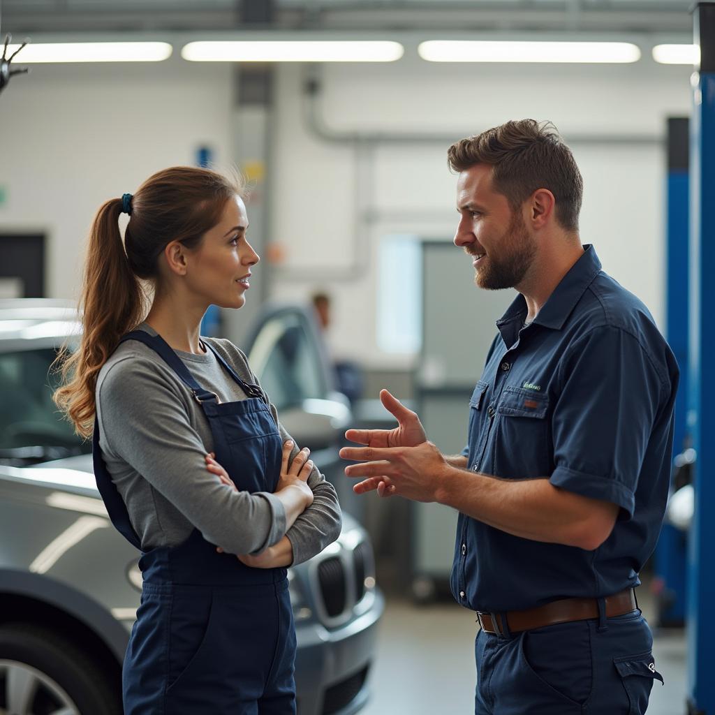 Customer consulting with an auto body technician about car damage