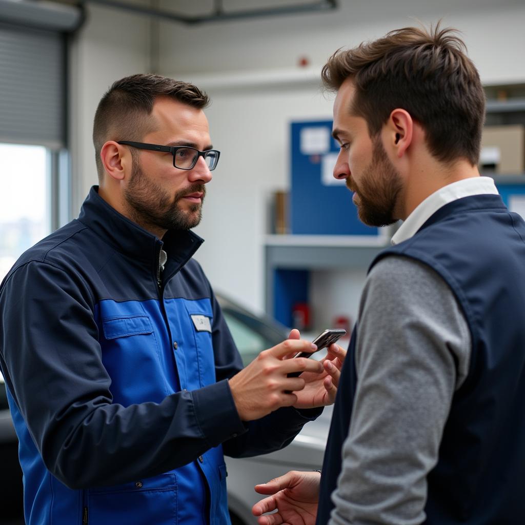 Customer discussing auto body repair options with a technician in Clinton Township