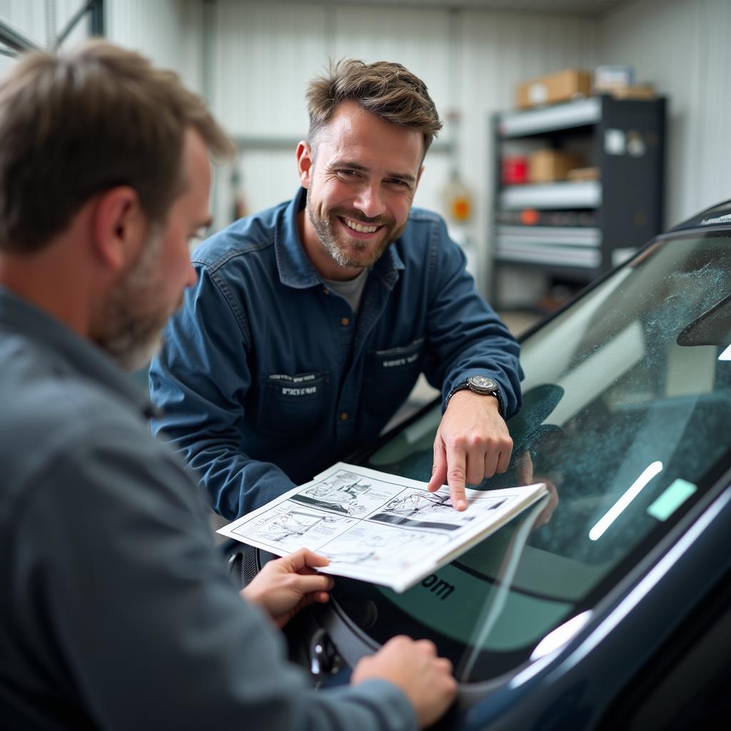 Customer Discussing Auto Glass Options with Technician