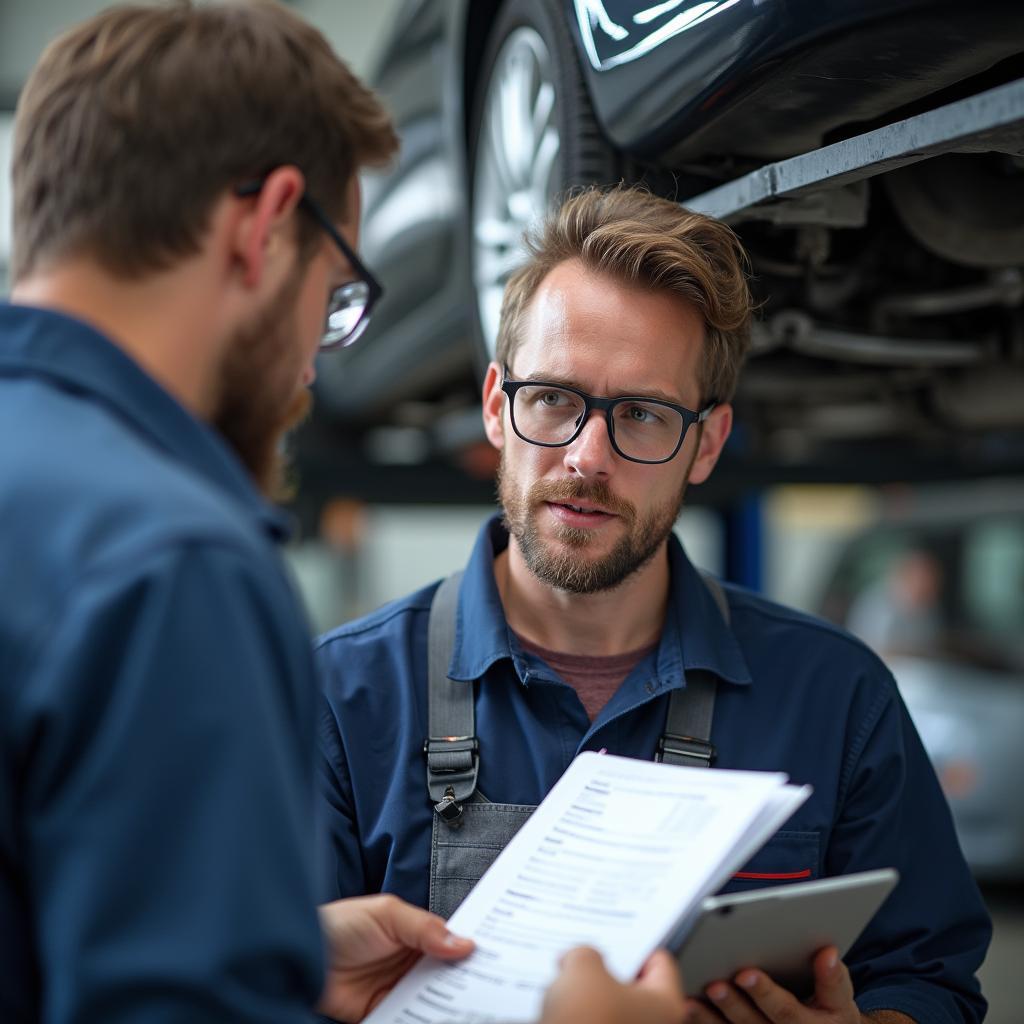 A customer and mechanic talking in a sunlit garage with a car in the background