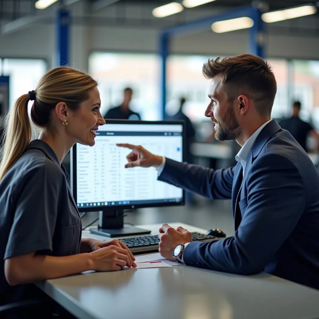 Customer discussing BMW repair options with a service advisor at a service center desk