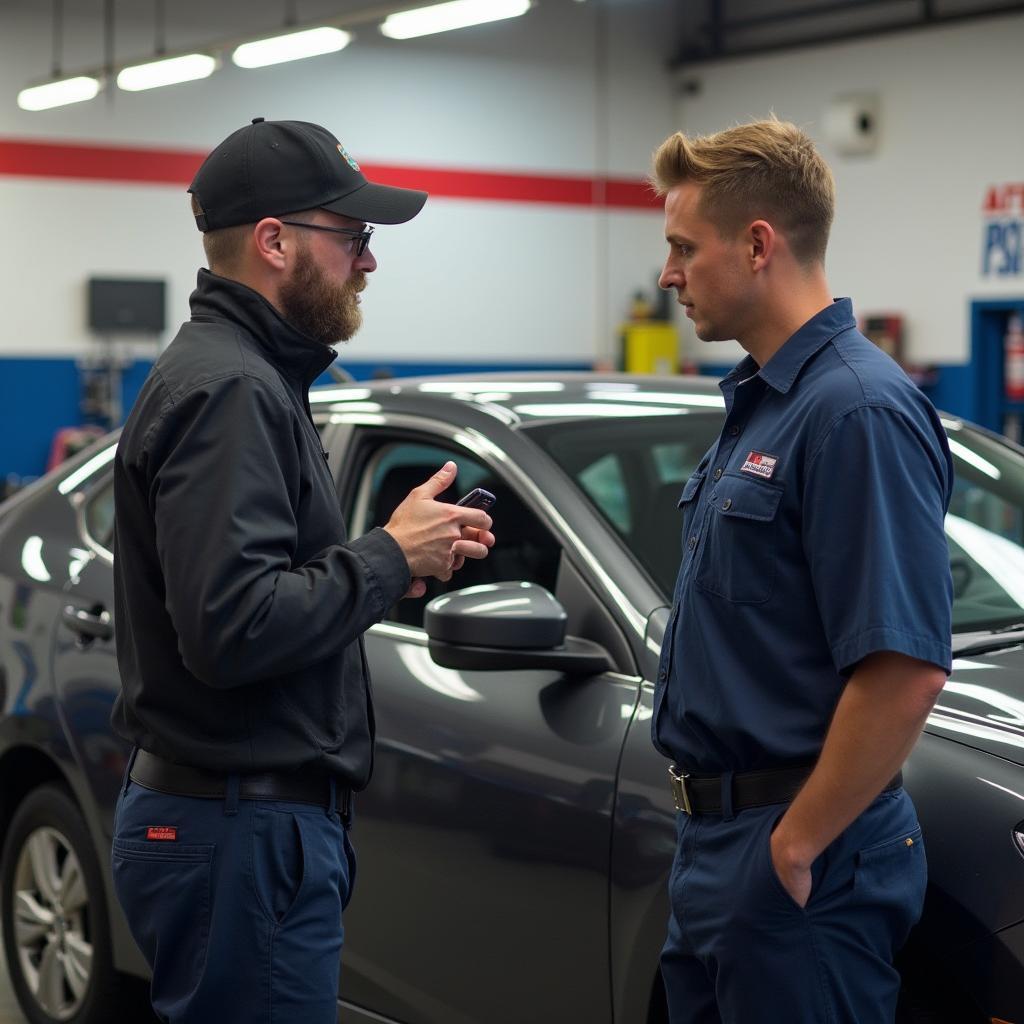 Customer talking to a mechanic about their car problems in an Atlantic Auto Service center.