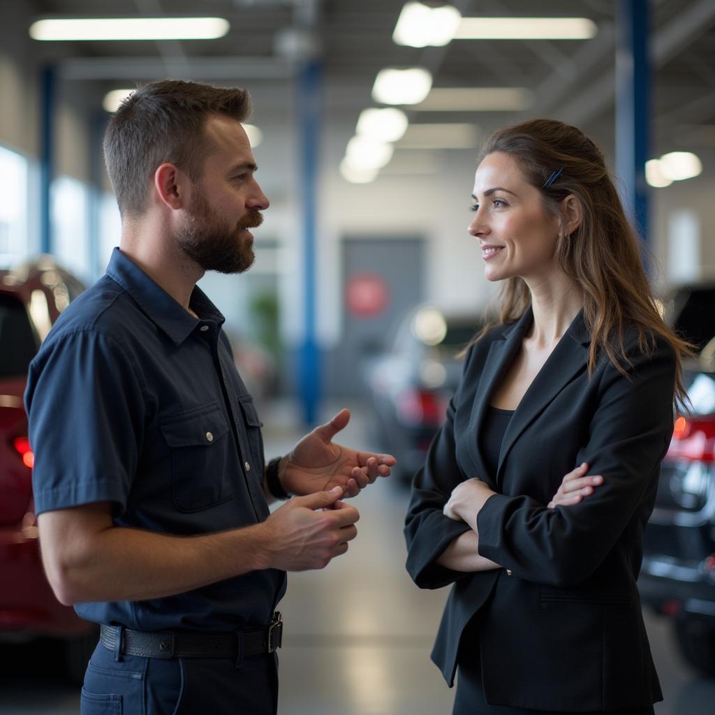 Customer consulting with a service advisor about guaranteed auto service.