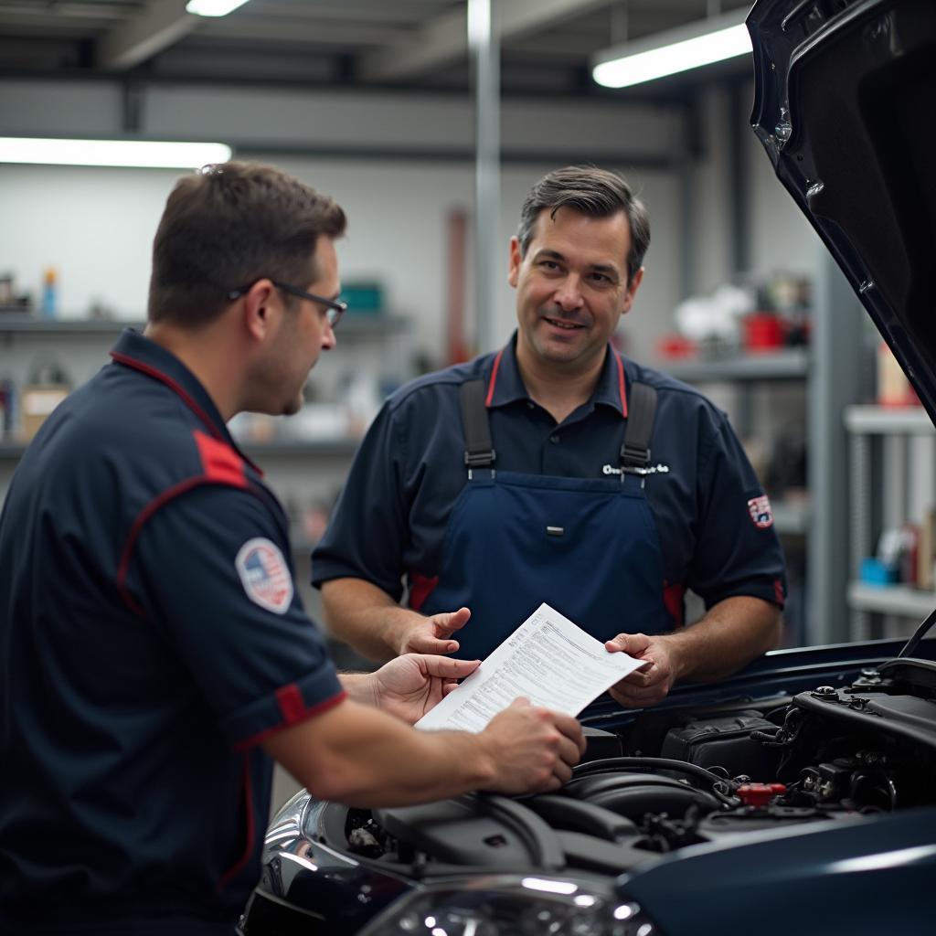  Customer discussing car repair options with a mechanic in 32828 