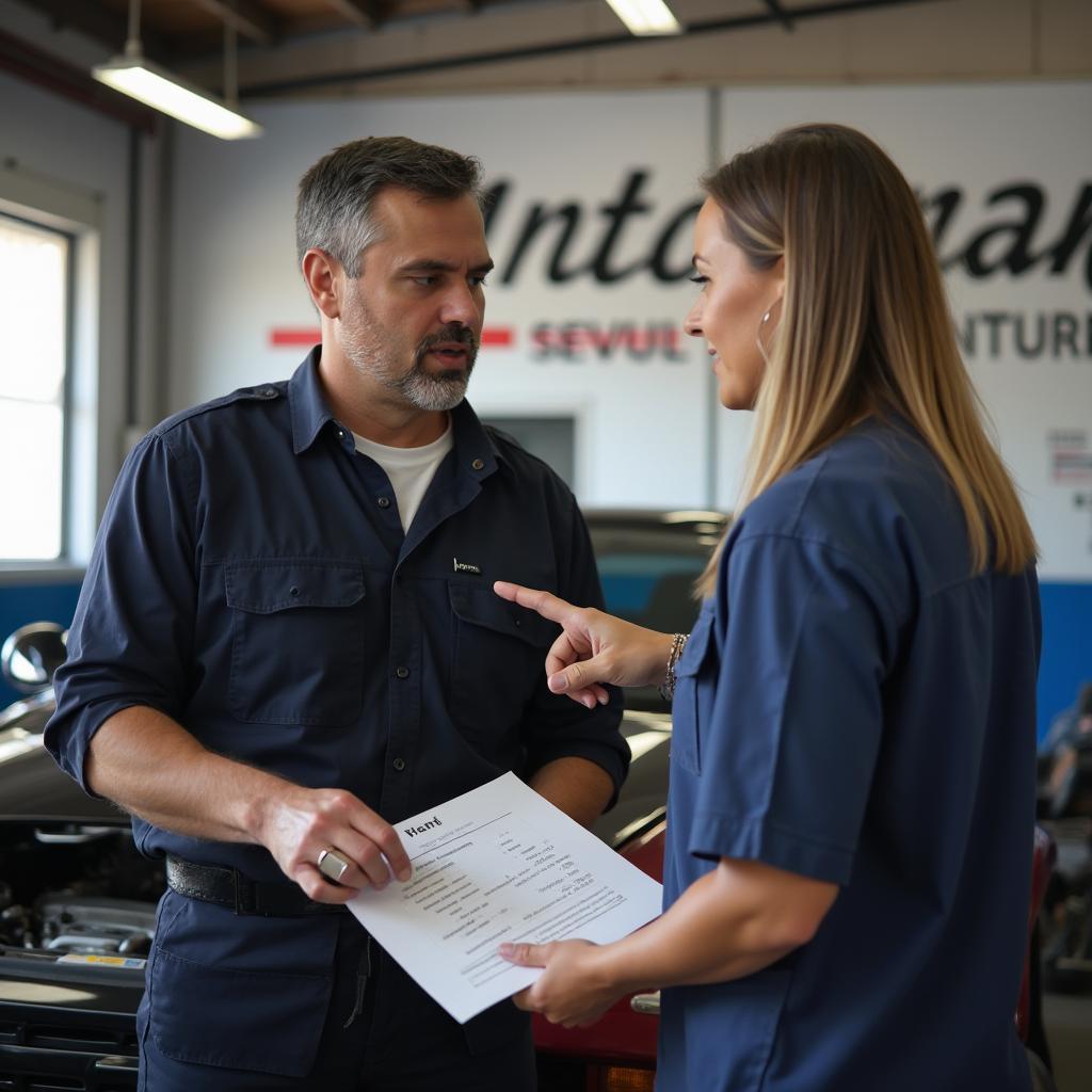 Customer discussing car repair with mechanic in Athens TX