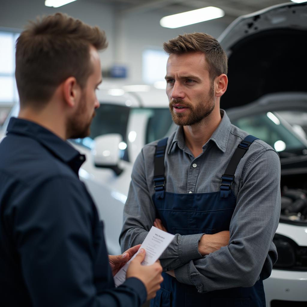 Customer discussing car repair with a mechanic in Buffalo