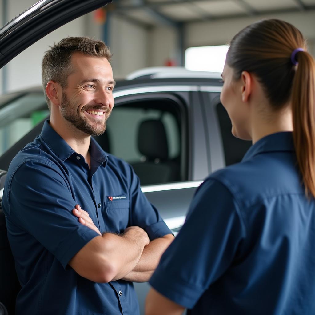 Customer talking to a service advisor at an auto service center in Arleta