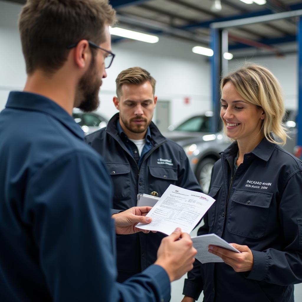 Customer discussing car repair with a mechanic in Hilliard