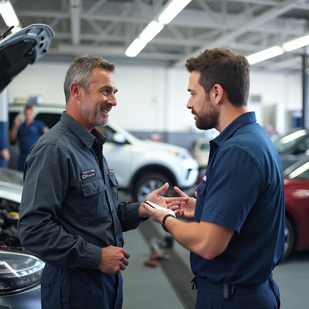 Customer and mechanic discussing car repair options at a shop on Walnut St