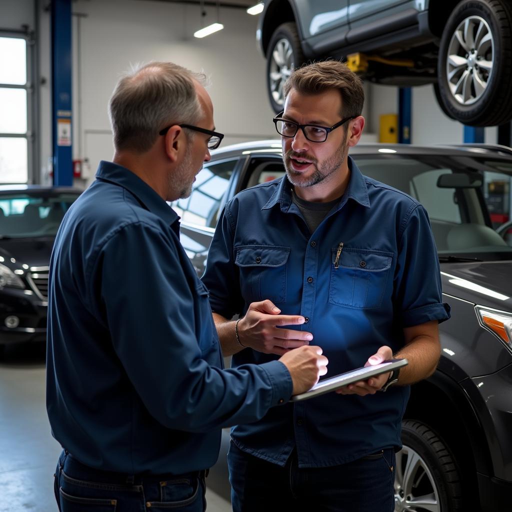 Car owner discussing car repair options with a mechanic in Minnesota