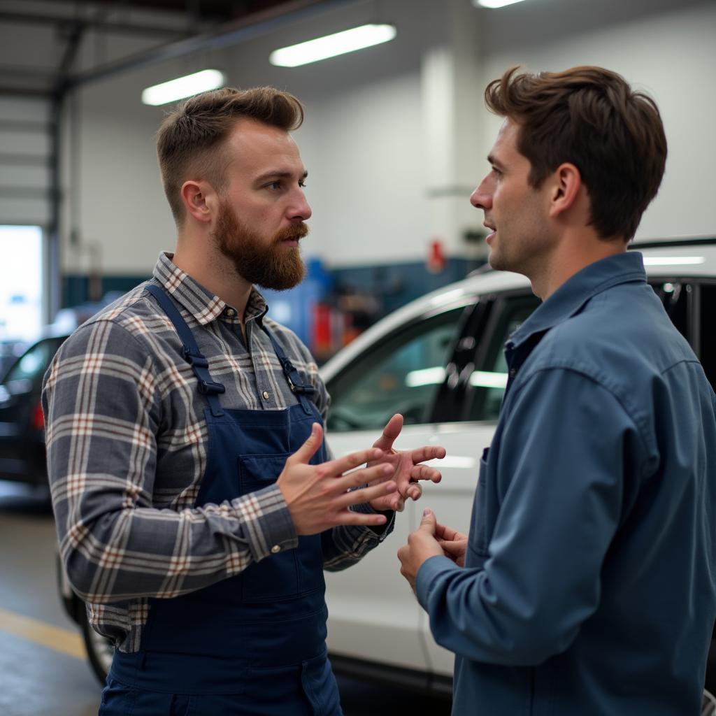  Customer discussing car repair options with a mechanic in Napanee