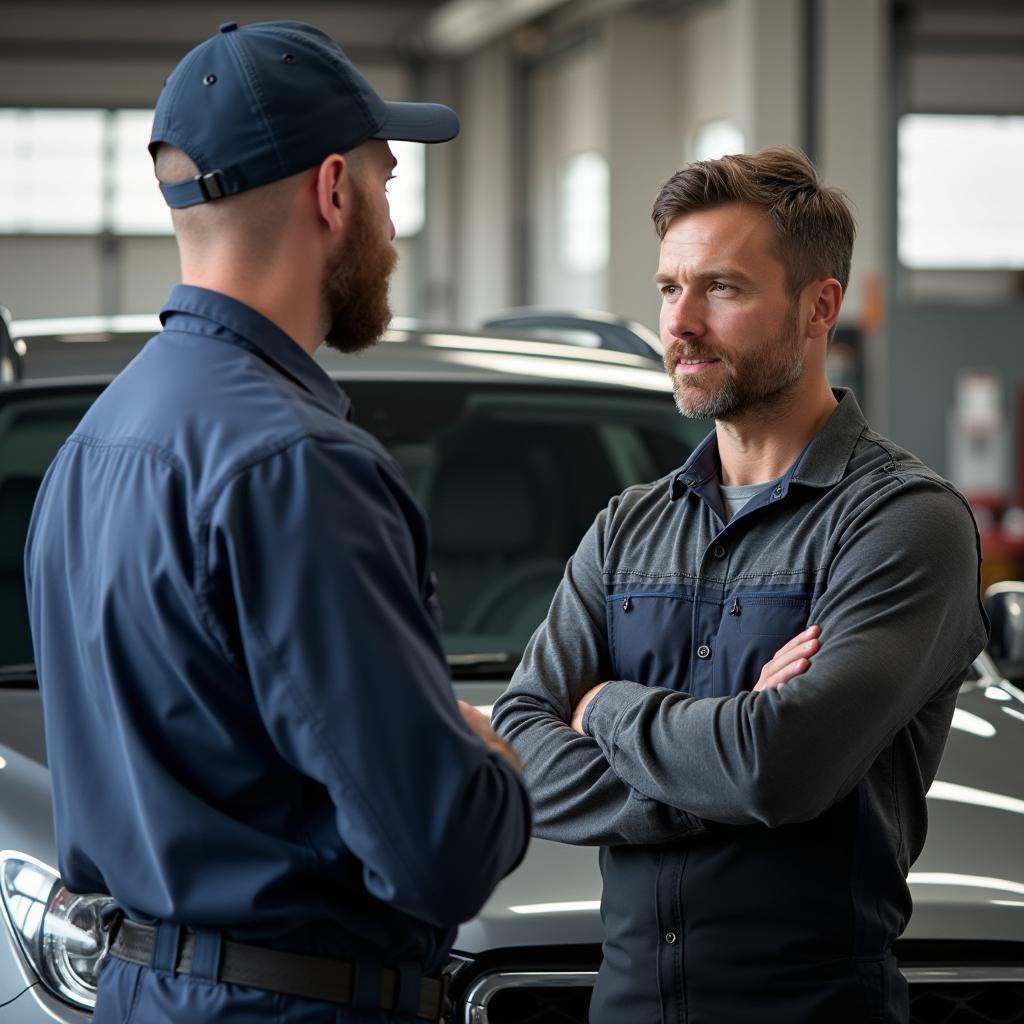 Customer discussing car repair with a mechanic in Waldorf