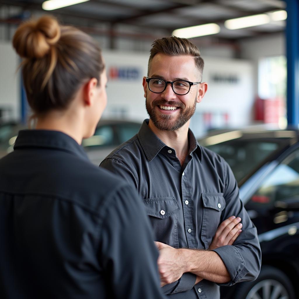 Customer discussing car repair with a service advisor