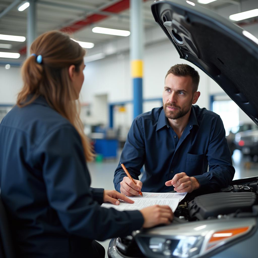 Customer Discussing Car Repair with Service Advisor