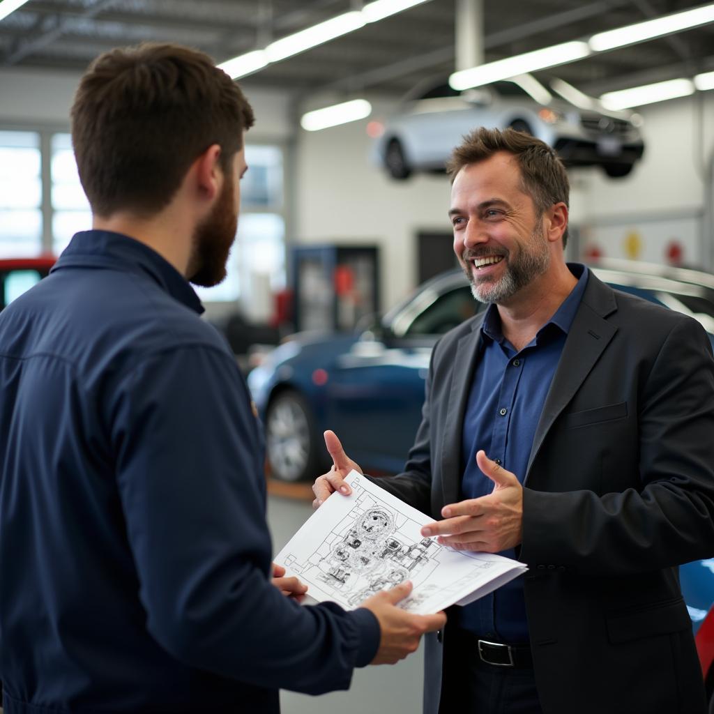 Customer having a transparent conversation about car repairs with a service advisor in El Paso