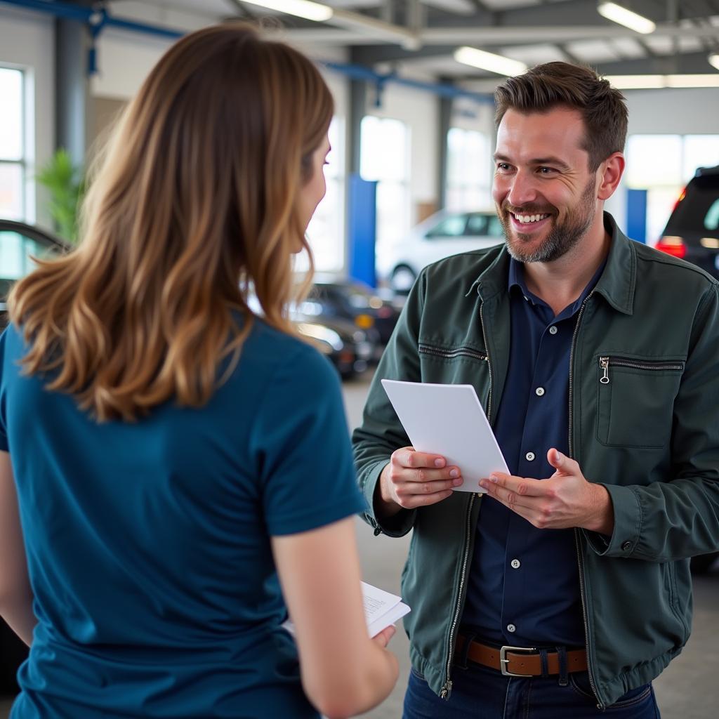 Customer Consulting with Service Advisor at Advantage Auto Service on Shelby Dr. Regarding Vehicle Maintenance.