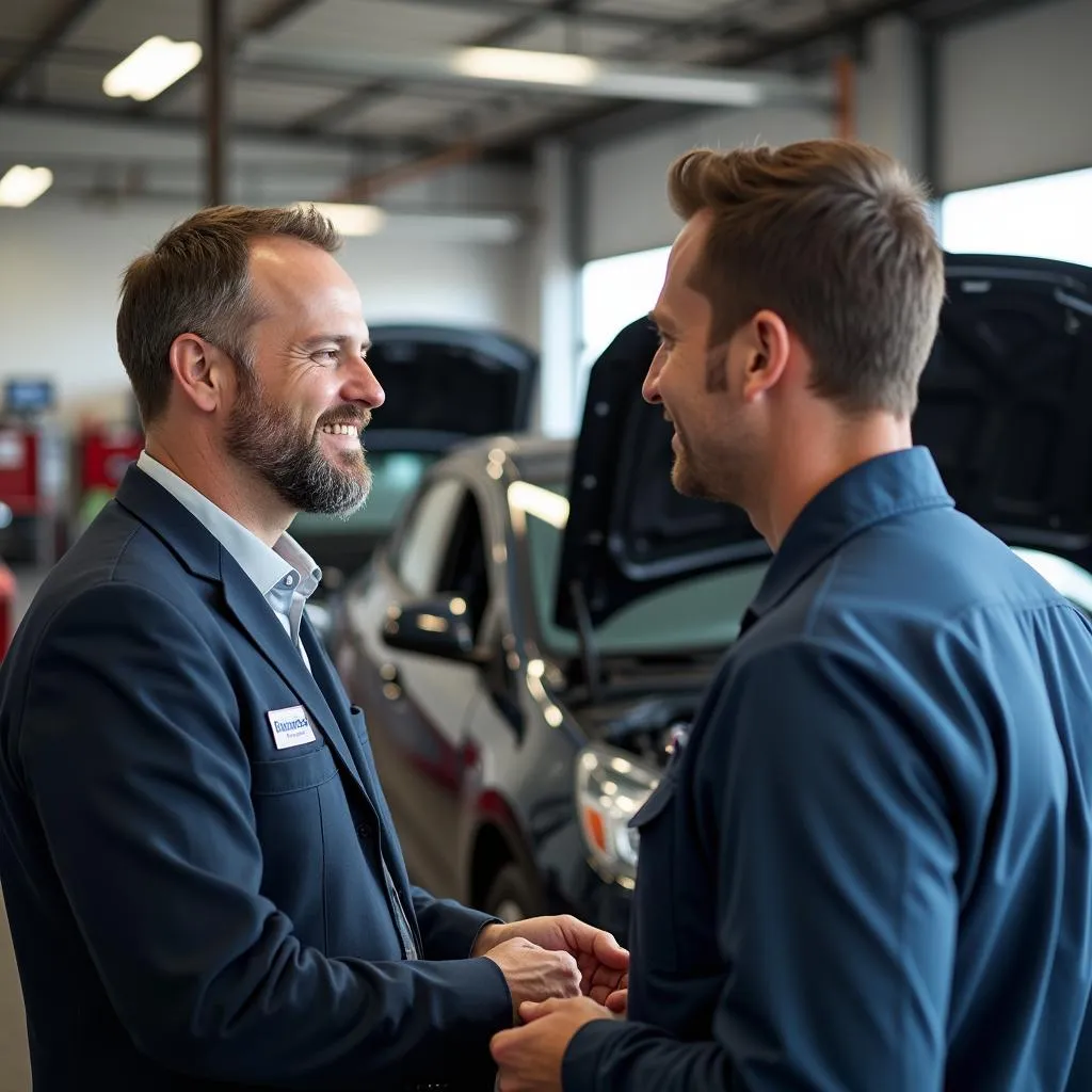 Customer Discussing Car Repair with Mechanic