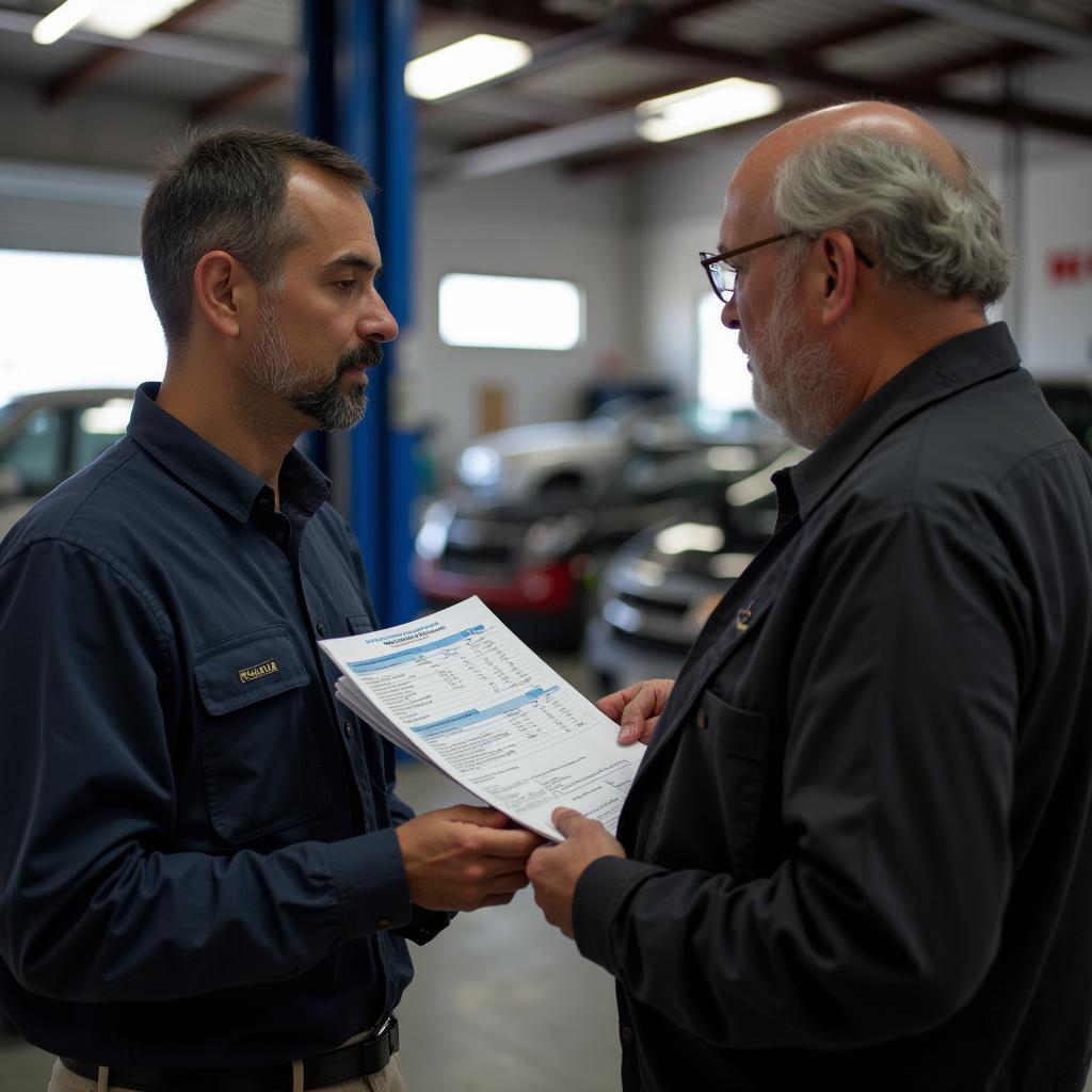 Customer and mechanic discussing car repair