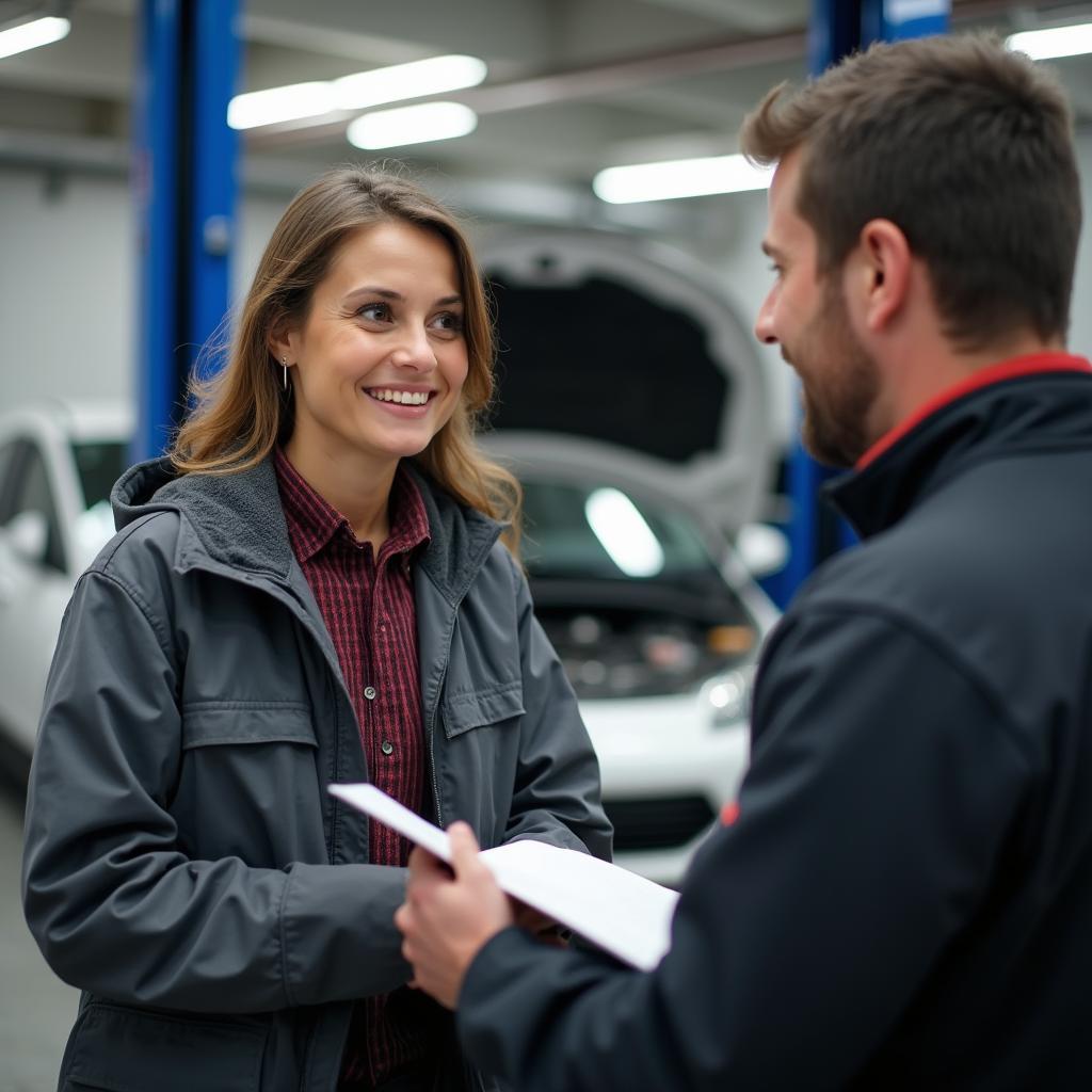 Customer and mechanic discussing car repair options