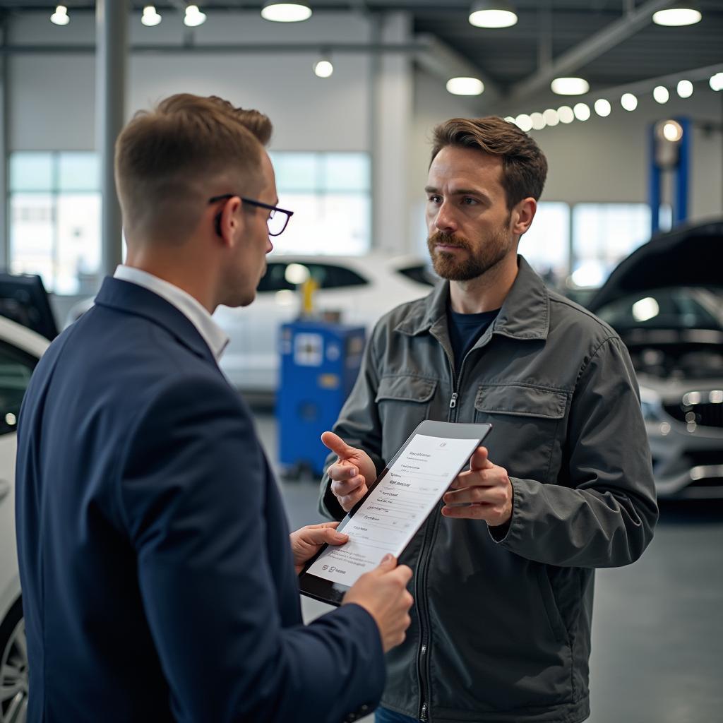 Customer discussing car repair with a mechanic