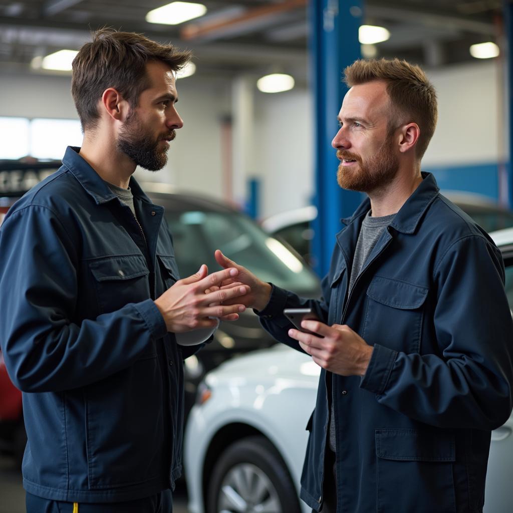 A customer discussing car repair options with a mechanic