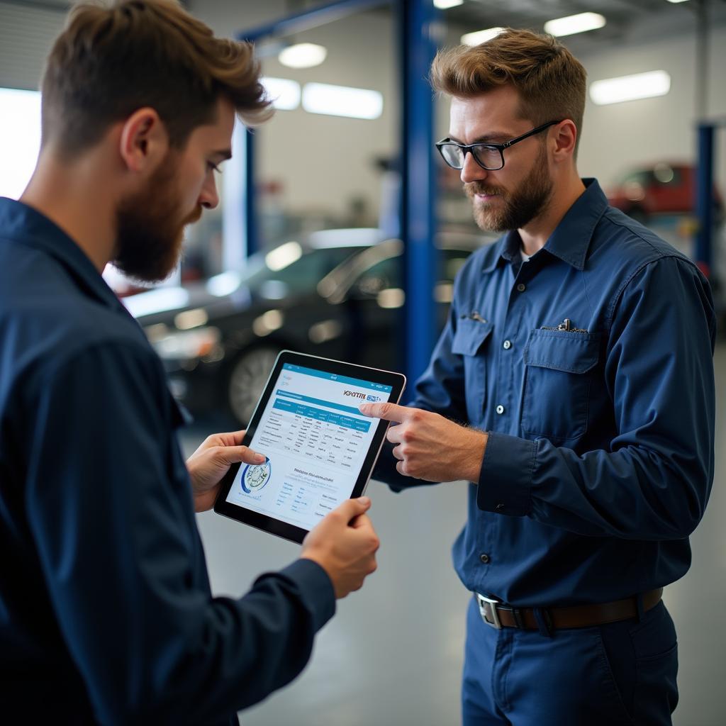 Customer discussing car repair options with a mechanic at the service centre.