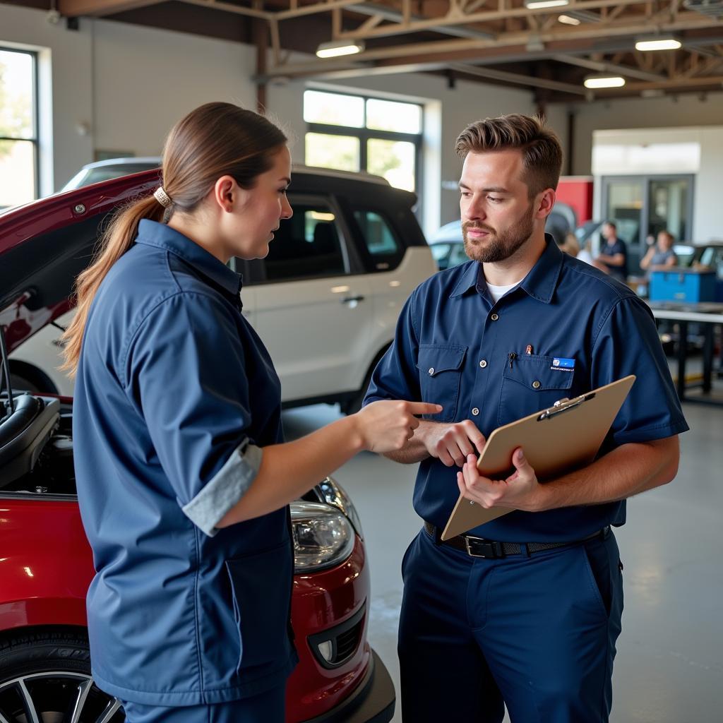 Customer and mechanic discussing car repair estimate in Colorado