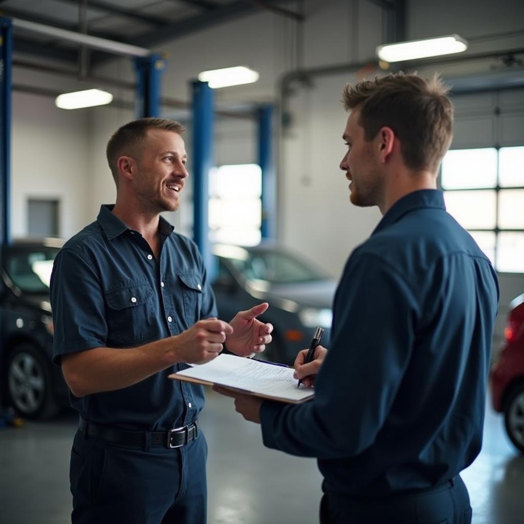 Customer talking to a mechanic about car repair options in Burlington