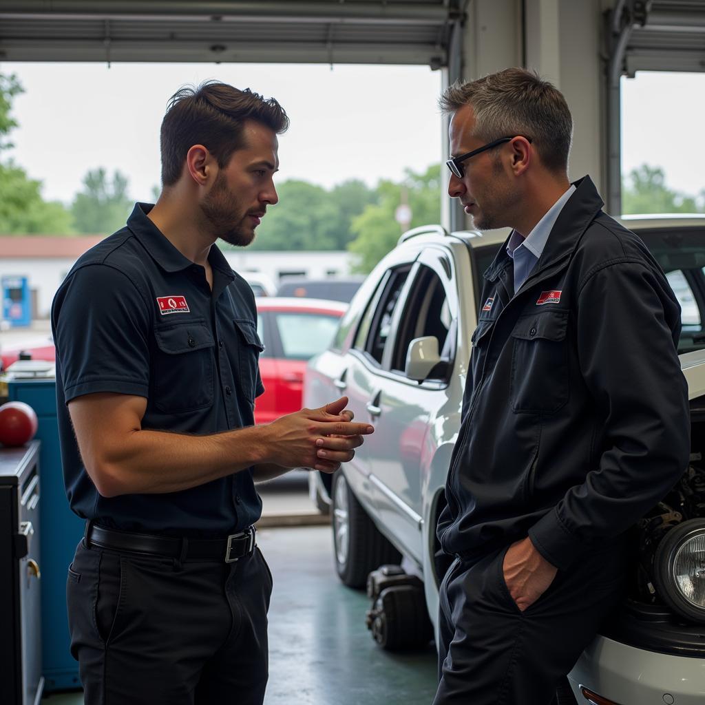 Customer discussing car repair with a mechanic in an auto repair shop on Lineville Rd