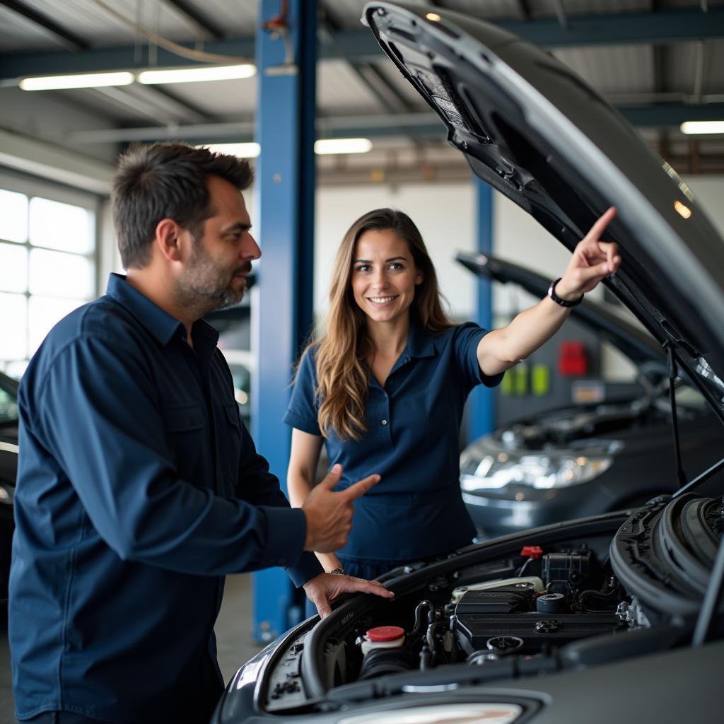 Customer Discussing Car Repair with Mechanic on Saturday