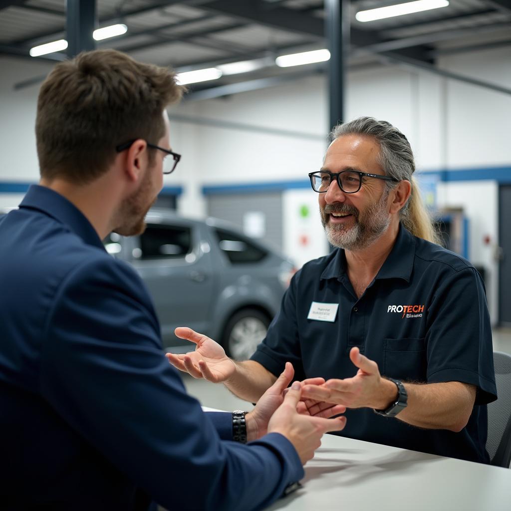 Customer Discussing Car Repair with Service Advisor