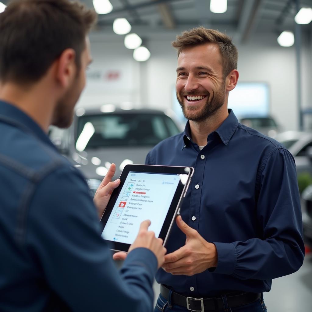 Customer Discussing Car Repair Options with Service Advisor