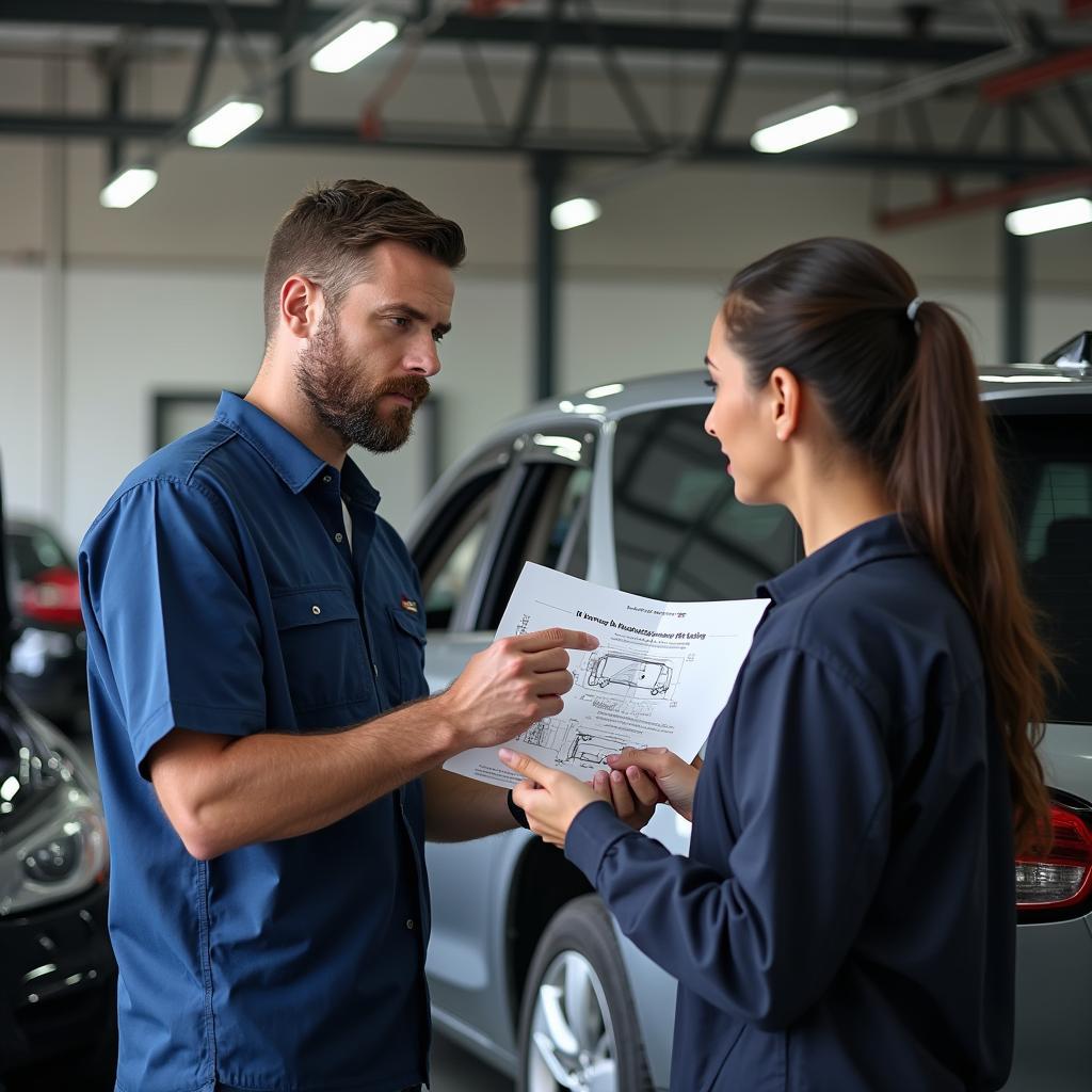 Customer discussing car repairs with a mechanic