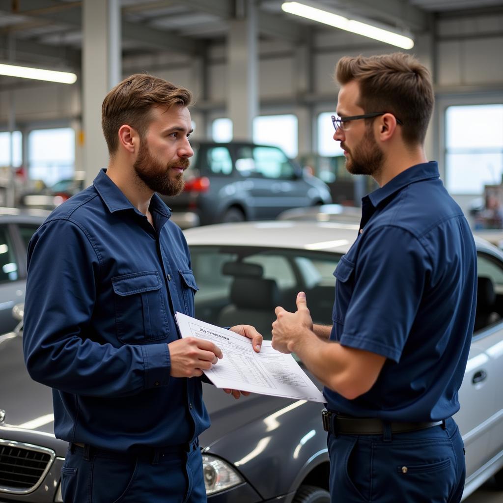 A car owner talks with a mechanic about their vehicle