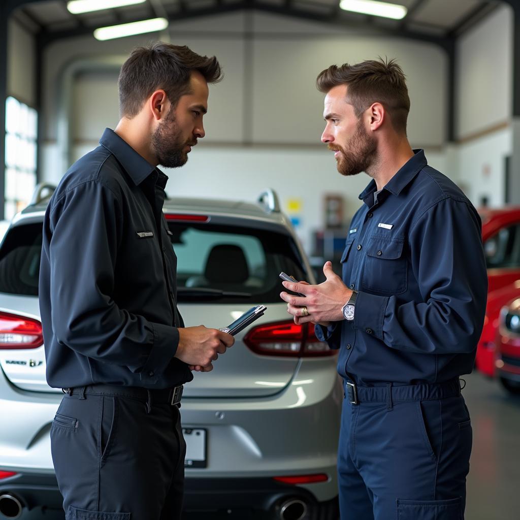 Customer discussing car repair options with a mechanic in Fayetteville, GA. 