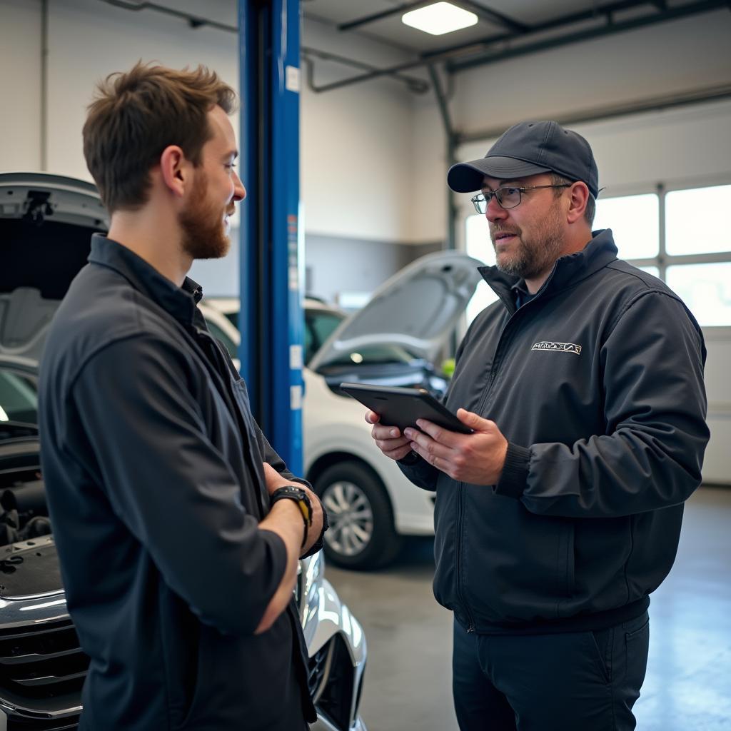 Customer talking to a mechanic about car repairs in Lakewood NJ