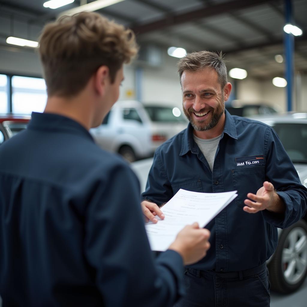 Customer talking to mechanic about car repairs