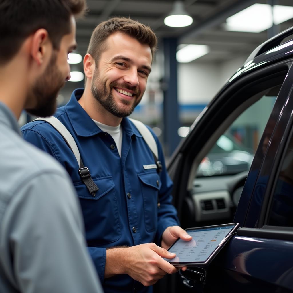 Customer discussing car repair options with a mechanic in Boca Raton