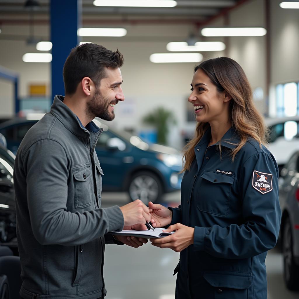 Customer discussing car repairs with a service advisor in Centurion