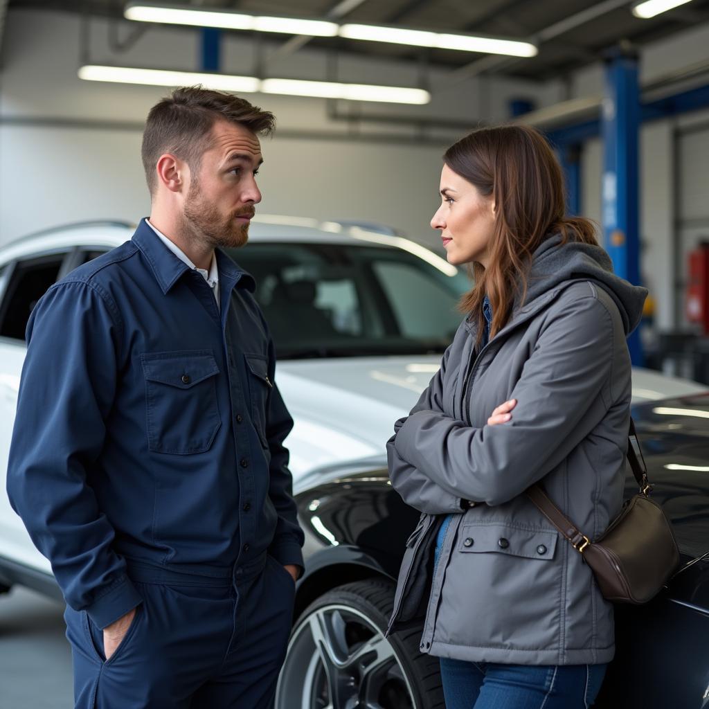 Customer Discussing Car Repairs with Mechanic