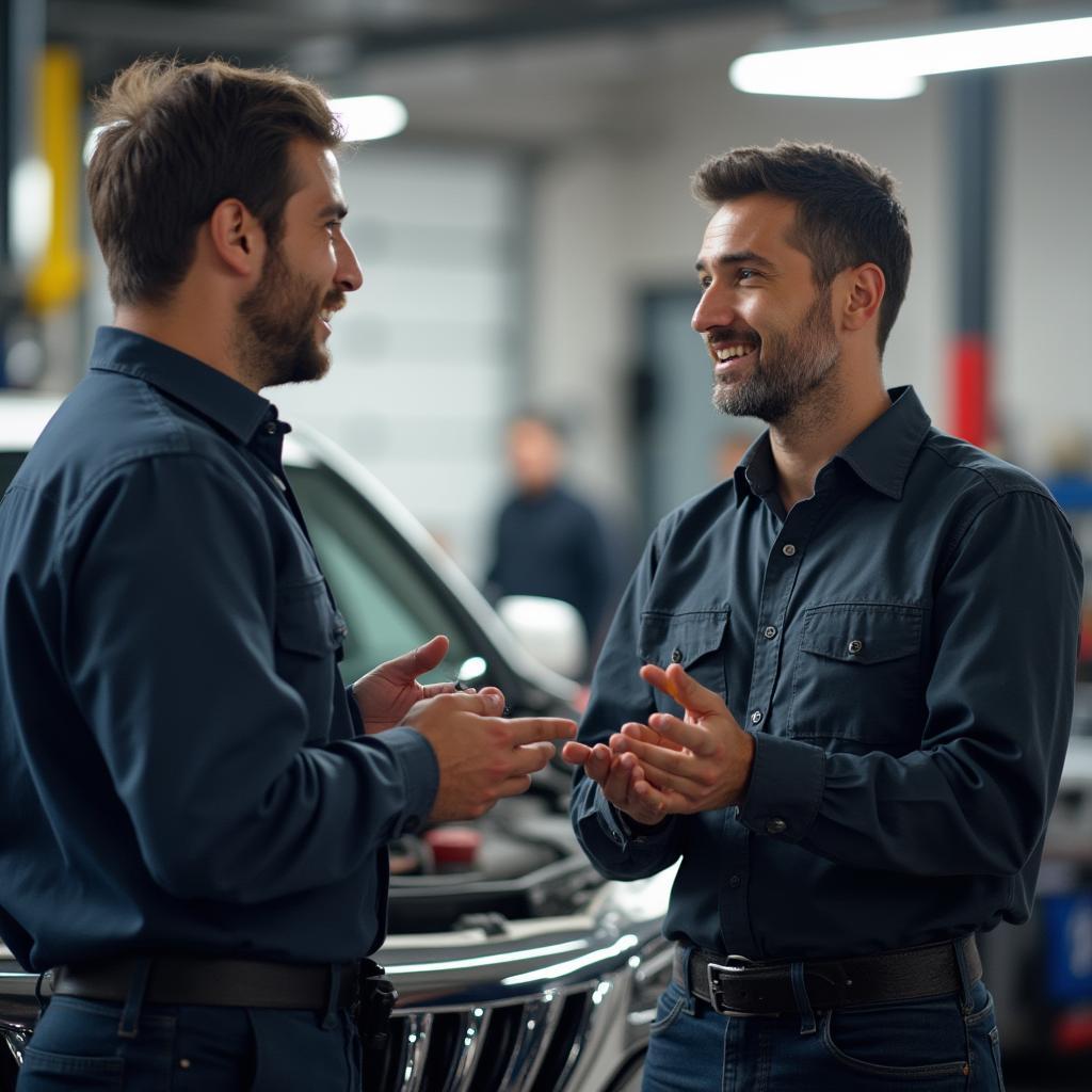 Customer discussing car repairs with a mechanic, emphasizing open communication and transparency in auto services