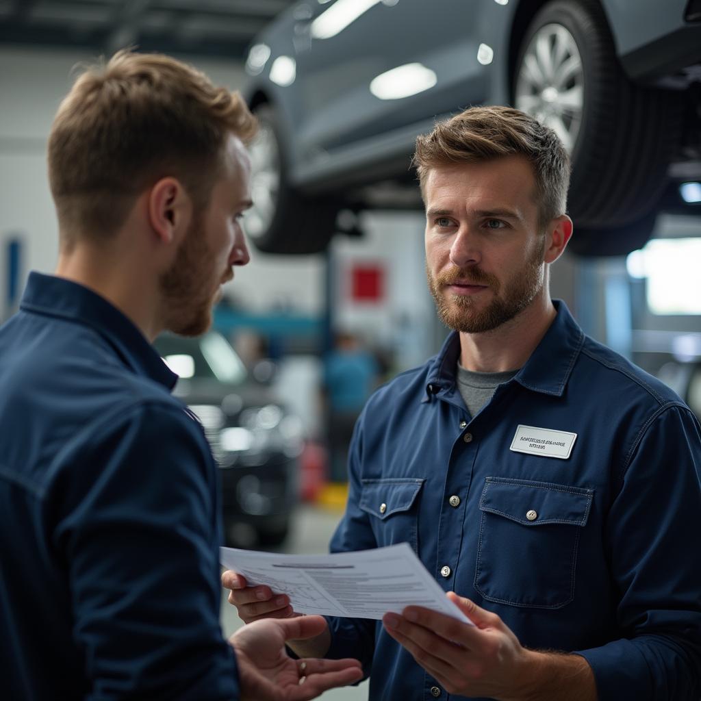  A customer and a mechanic actively discuss car repairs in front of a computer screen displaying diagnostic results. 