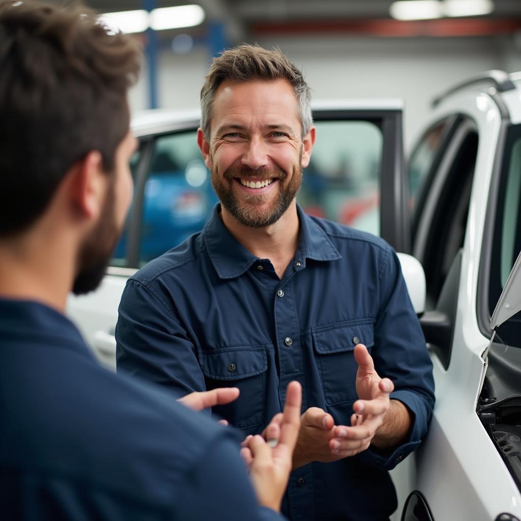 Customer Discussing Car Repairs with Mechanic